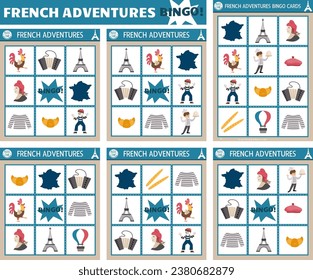 Juego de tarjetas de bingo vectorial francés. Juego de mesa de loto divertido con la torre Eiffel, croissant, baguette para niños. Actividad de lotería con símbolos de Francia. Hoja de cálculo simple imprimible educacional.
