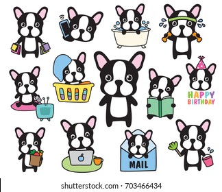 Vector of French Bulldog or Boston Terrier dog activity set including shopping, working out, grocery shopping, working, cleaning, laundry, birthday.