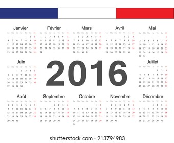 Vector french circle calendar 2016. Week starts from Monday.