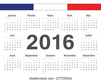 Vector french circle calendar 2016. Week starts from Sunday.