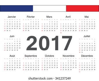 Vector french circle calendar 2017. Week starts from Sunday.