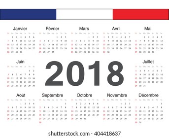 Vector french circle calendar 2018. Week starts from Sunday.