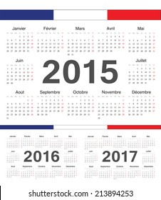 Vector french circle calendars 2015, 2016, 2017. Week starts from Monday.