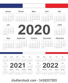 Vector french circle calendars 2020, 2021, 2022. Week starts from Sunday.