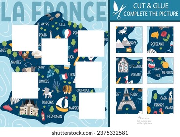 Vector French cut and glue activity. Crafting game with cute France map with cities, traditional symbols. Fun printable worksheet for kids. Find the right piece of the puzzle. Complete the picture
