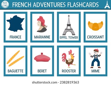 Vector French flash cards set. English language game with cute Eiffel Tower, croissant, baguette for kids. Flashcards with traditional symbols of France. Simple educational printable worksheet.
