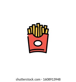 Vector french fries icon template. Potatoes in red package box logo background. Line street food symbol illustration. Modern concept for cafe, stall, restaurant, delivery