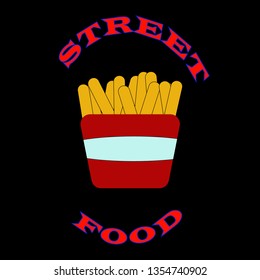 Vector. French fries on a black background, isolation. illustration with the inscription.