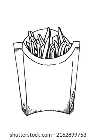 Vector french fries in packaging on white background, graphical fast food for design ,logo,typography of menu and cafes.