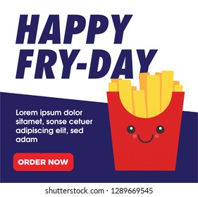 Vector French Fries in Red paper Package Box illustration. Fast Food Concept. Fries Ad Template. Kawaii Character