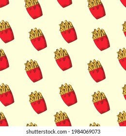 Vector French Fries Seamless Pattern, Colorful Hand Drawn Background.