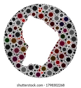 Vector French Guiana map collage of covid-2019 virus. Infection attacks the lockdown territory from outside. Hole circle French Guiana map collage created with infection items.