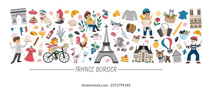 Vector French horizontal frame with people, animals, Eiffel tower, traditional symbols. Touristic France card template design for banners, invitations. Cute illustration with croissant, baguette