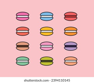 Vektorfranzösische Macaroons-Kekse sind flache, einfache Linie farbige Icon-Set. Süßes Dessert Symbole in verschiedenen Geschmacksrichtungen. Design Illustration für Restaurant, Café-Menü, Flyer, Banner, Sticker, Muster, Web.