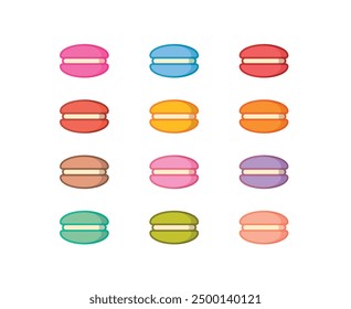 Vector french macaroons cookies flat simple line colorful icon set. Sweet dessert symbols in different tastes.  Design Illustration for Restaurant, Cafe Menu, Flyer, Banner, Sticker, Pattern, Web.