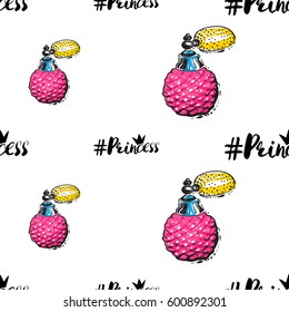 Vector french perfume and princess hashtag seamless pattern. Fashion illustration, patches, stickers. Hand sketched background.