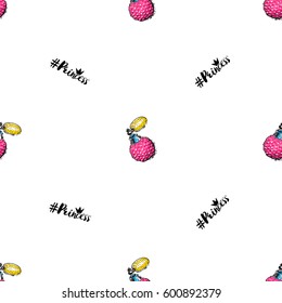 Vector french perfume and princess hashtag seamless pattern. Fashion illustration, patches, stickers. Hand sketched background.