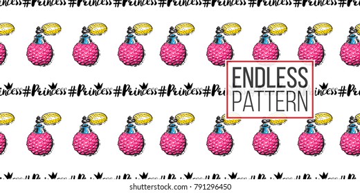 Vector french perfume and princess hashtag seamless pattern. Fashion illustration, patches, stickers. Hand drawn background.