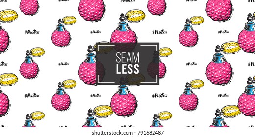 Vector french perfume and princess hashtag seamless pattern. Fashion illustration, patches, stickers. Hand drawn background.