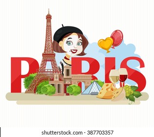 Vector french poster. Sightseeing of Paris and France. Romantic tourist card in vintage style. French cuisine, wine, fashion and culture. 