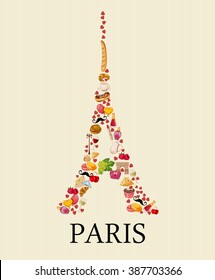 Vector french poster. Sightseeing of Paris and France. Romantic tourist card in vintage style. French cuisine, wine, fashion and culture. Eiffel tower.