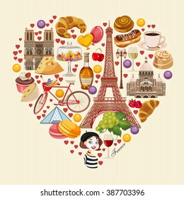 Vector french poster. Sightseeing of Paris and France. Romantic tourist card in vintage style. French cuisine, wine, fashion and culture. Heart shape.