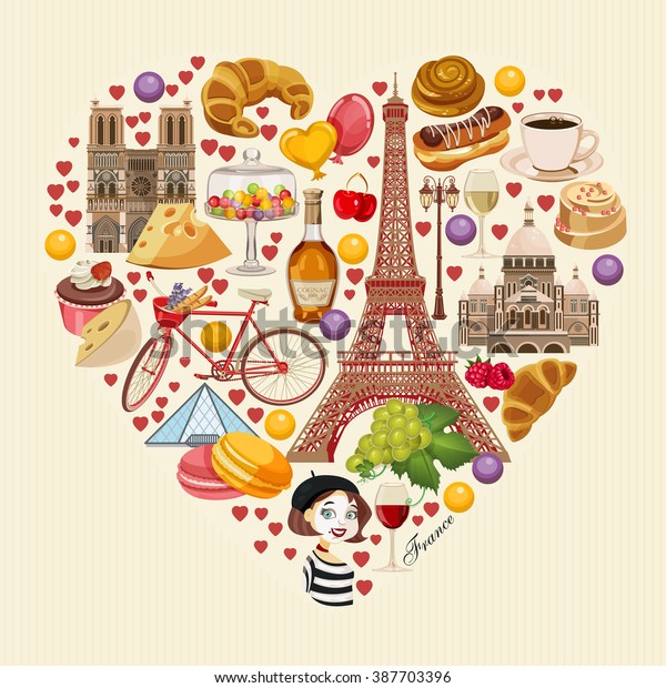 Vector french poster. Sightseeing of Paris\
and France. Romantic tourist card in vintage style. French cuisine,\
wine, fashion and culture. Heart\
shape.