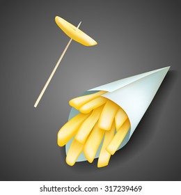 Vector french potatoes in paper cone and potato on stick. EPS 10 fast food illustration 