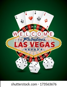 vector french roulette wheel with Las Vegas sign, playing cards and dice 