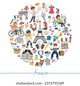 Vector French round frame with people, animals, Eiffel tower, traditional symbols. Touristic France card template design for banners, invitations. Cute illustration with croissant, baguette 
