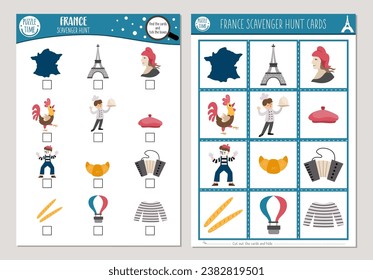 Vector French scavenger hunt cards set. Seek and find game with cute Eiffel Tower, croissant, baguette for kids. Searching activity with symbols of France. Simple educational printable worksheet
