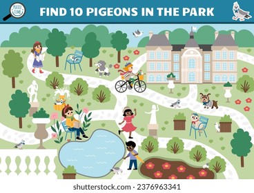 Vector juego de búsqueda francés con paisajes de la ciudad, parque, gente, animales. Encontrar palomas ocultas en la foto. La Francia simple busca y encuentra actividades educativas imprimibles para los niños
