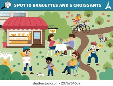 Vector French searching game with city landscape, bakery, people, animals. Spot hidden baguettes and croissants in the picture. Simple France seek and find educational printable activity for kids
