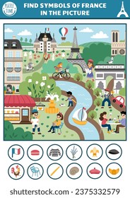 Vector French searching game with Paris city landscape, park, people, animals. Spot hidden objects in the picture. Simple France seek and find educational printable activity for kids
