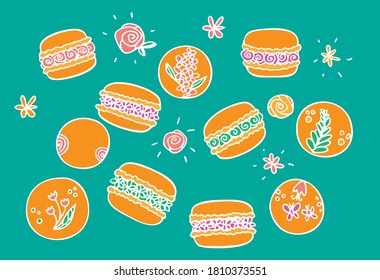 Vector french small sweet cakes macaroons with orange and mint flavor decorated with flowers 