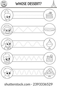 Vector French themed handwriting practice worksheet with sweet food. French printable black and white activity for kids. Tracing game for writing skills. Coloring page with people and desserts
