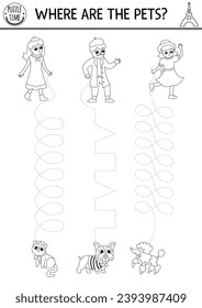 Vector French themed handwriting practice worksheet. French printable black and white activity for kids. Tracing game for writing skills. Coloring page with people and their pets, dogs, cat
