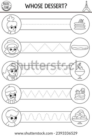 Vector French themed handwriting practice worksheet with sweet food. French printable black and white activity for kids. Tracing game for writing skills. Coloring page with people and desserts
