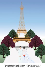 The vector french wedding couple with Eiffel Tower