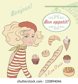 Vector Frenchwoman and French pastry. French baguette and croissant