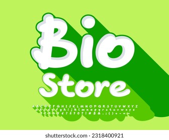 Vector fresh banner Bio Market. Creative 3D Font with Green Shadow. Bright Modern Alphabet Letters, Numbers and Symbols