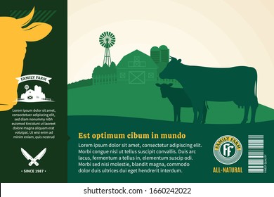 Vector fresh beef packaging or advertising design elements. Rural landscape with cow, calf and farm. Butcher shop or cattle illustration for groceries, agriculture stores and farms