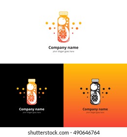 Vector fresh bottle with fruit logo. Drink, cocktails, fresh and smoothie with orange-yellow gradient color icon, symbol, badge and design element. Super foods and health or detox diet food concept.