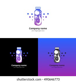 Vector fresh bottle with fruit logo. Drink, cocktails, fresh and smoothie with purple-violet gradient color icon, symbol, badge and design element. Super foods and health or detox diet food concept.