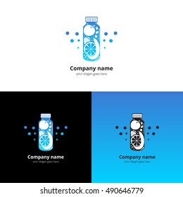 Vector fresh bottle with fruit logo. Drink, cocktails, fresh and smoothie gradient blue icon, symbol, badge and design element. Super foods and health or detox diet food concept.