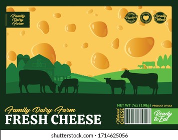 Vector fresh cheese packaging or label design with rural landscape, cows and calves. Realistic cheese illustration. Dairy farm or farming design elements