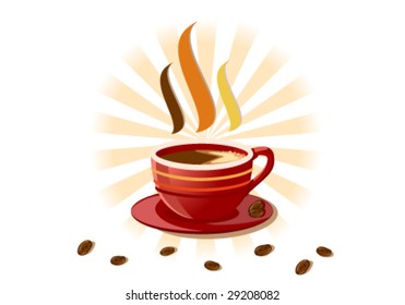 Vector Fresh cup of coffee over retro burst of rays