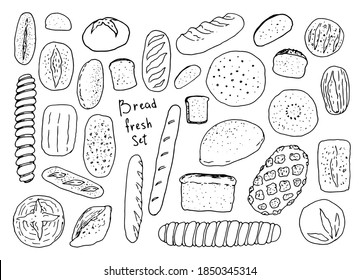 vector fresh drawn bread on a white background. set of black line doodles of various types of bread loaves and tortillas, whole and pieces with texture and various sprinkles of seed crumbs on top and