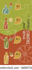 Vector fresh drinks menu template with wine, juice, water, lemonade and their prices.