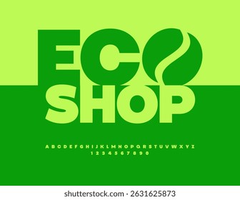 Vector Fresh emblem Eco Shop. Typography Classic Font. Green Digital Alphabet Letters and Numbers set.